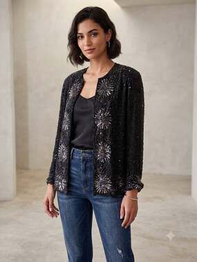 Brilliante by J.A. Vintage Black 100% Silk Beaded Sequin Evening Jacket